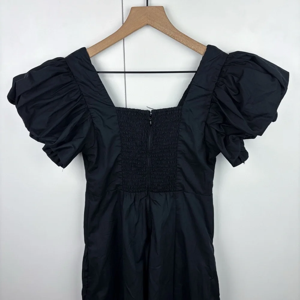 Abercrombie Puff Sleeve Plunge Midi Dress Black V Neck Cotton Blend Poplin Small - Picture 8 of 9